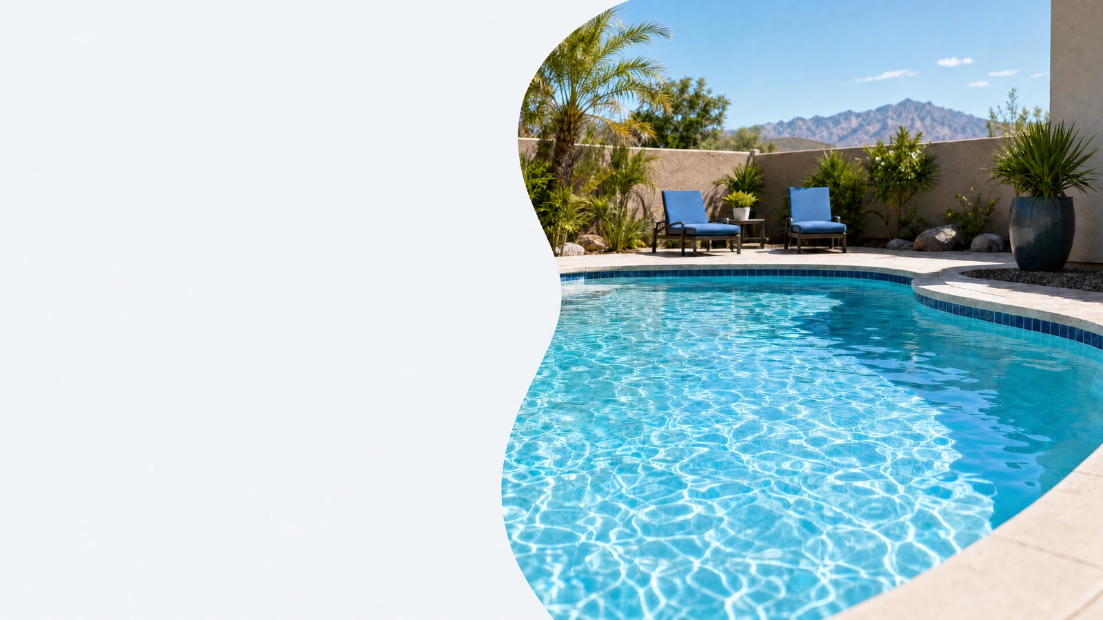 Illustrative pool with blue water, desert mountains and lounge chairs